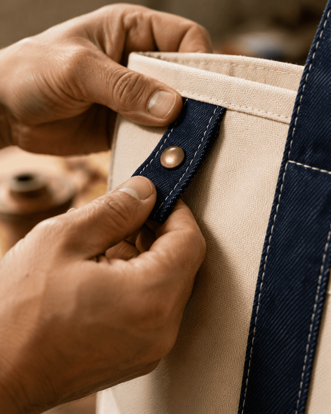 Manos rematando un bolso de lona en el taller ELIZ