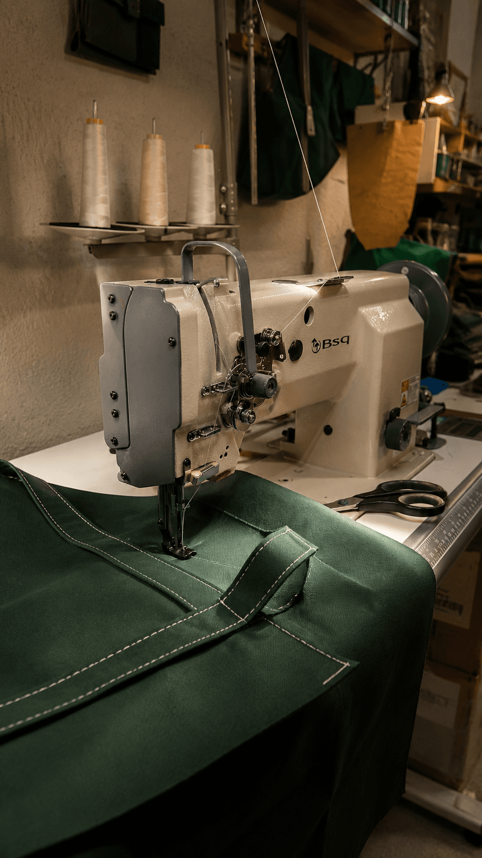 Máquinas industriales y materiales textiles en el taller